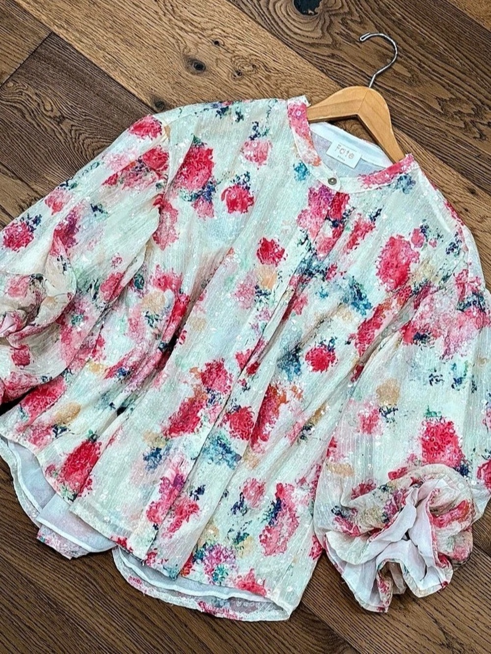 FATE| Floral Fully Sequin Bubble Sleeve Blouse (S)